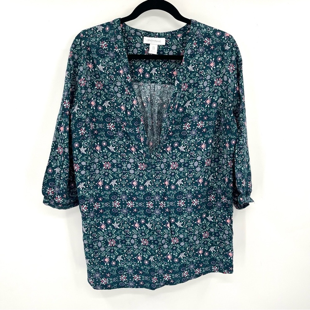 MOTHERHOOD MATERNITY Floral Top L V Neck Flowers Green 3/4 Sleeve Blouse Women